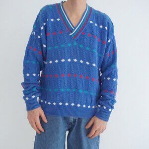 Vintage Izod Blue Cotton Patterned V Neck Sweater Eclectic Grandpa Preppycore XL